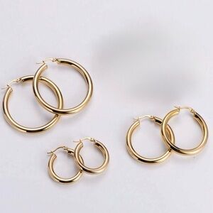 Stainless Steel Polished 18K Gold Electroplated Thick Solid Hoop Earrings Set/3